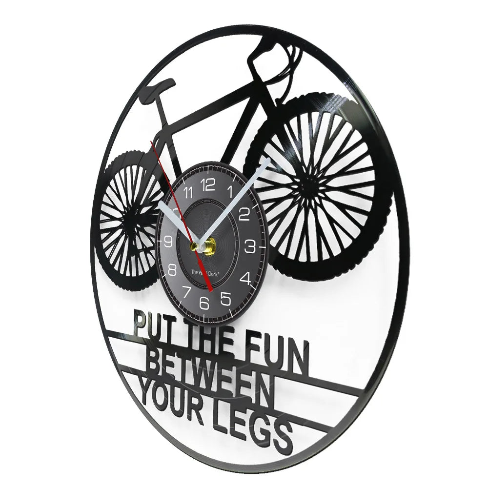 Put The Fun Between Your Legs Bicycle Retro Wall Clock Vinyl Record Racing Bicycle Cycling Lover Home Decor Biker Crafts Artwork