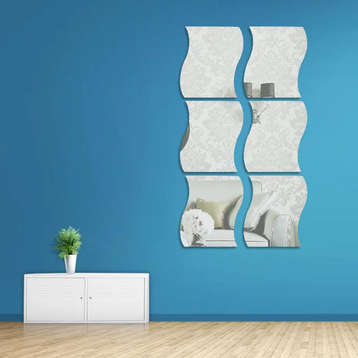 6pcs/set Acrylic 3D Mirror Wall Sticker Wave Square Mirror Sticker Home Decor DIY Removable Living-Room Decal Art Ornaments