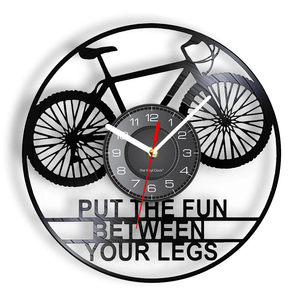 Put The Fun Between Your Legs Bicycle Retro Wall Clock Vinyl Record Racing Bicycle Cycling Lover Home Decor Biker Crafts Artwork