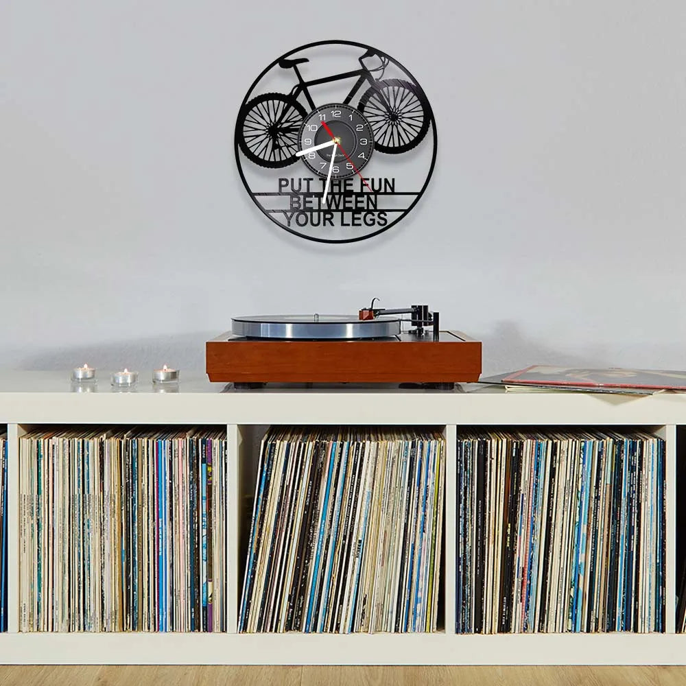 Put The Fun Between Your Legs Bicycle Retro Wall Clock Vinyl Record Racing Bicycle Cycling Lover Home Decor Biker Crafts Artwork