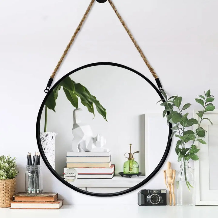 Round Hanging Mirror, 20 Rope Wall Mirrors Decorative, Black Metal Frame Circle Mirrors, Farmhouse Wall Mounted Mirrors for Bath