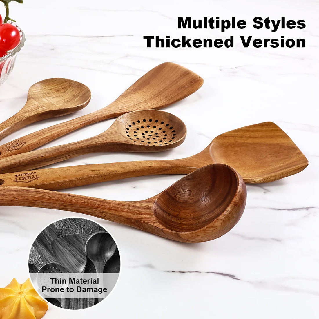 5PCS Wooden Kitchen Utensils Kit Ergonomic Handles Natural Wooden Spoons Spurtle Ladle and Wok Spatulas Cookware Accessories