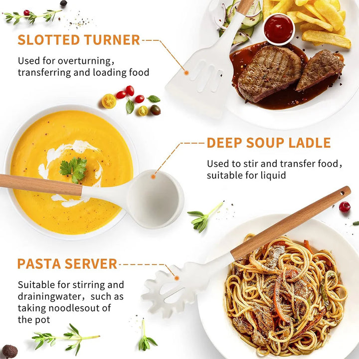 12Pcs Kitchen Utensil Set Silicone Spatula Set Wooden Handle Non-Stick Spatula Set Spatula Spoon Brush Whisk Kitchen Supplies