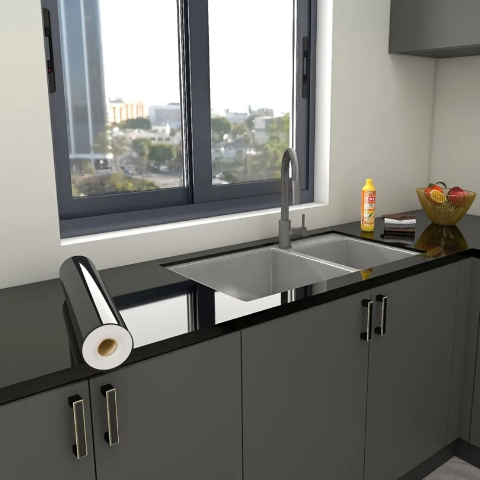 Self-Adhesive Vinyl Wallpaper High-Gloss Black Kitchen Cabinet Stove Waterproof Oil-Resistant Peel-and-Stick Stickers Bathroom