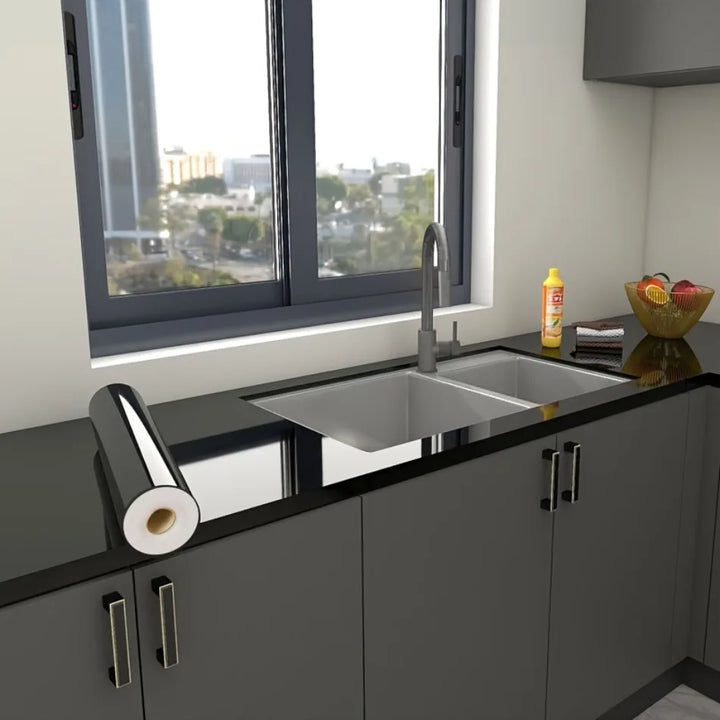 Self-Adhesive Vinyl Wallpaper High-Gloss Black Kitchen Cabinet Stove Waterproof Oil-Resistant Peel-and-Stick Stickers Bathroom