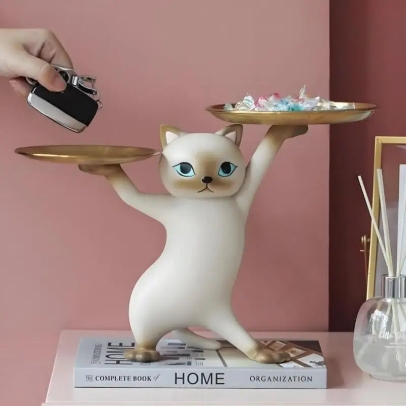 Cartoon Resin Cat Tray Statue Cat Key Holder Decorative Tray Creative Cat Statue for Living Room Entryway Desktop Organizer