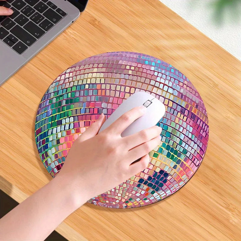 Rubber Round Pink Disco Ball Mouse Pad - Aesthetic Desk Accessory for Office, Laptop, Computer - Ideal Gift for Women, Girls