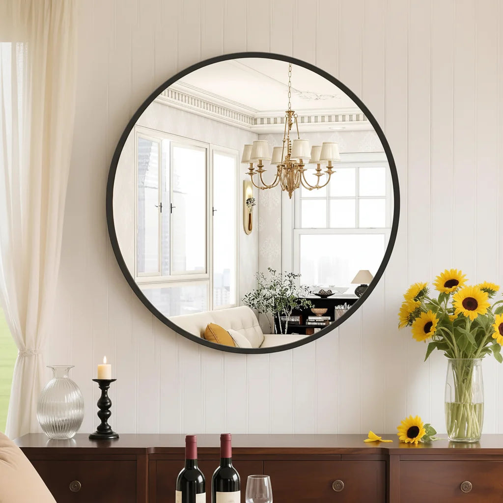 20" Black Round Wall Mirror, Elegant Modern Home Decor for Bathroom Entryway or Living Room Use