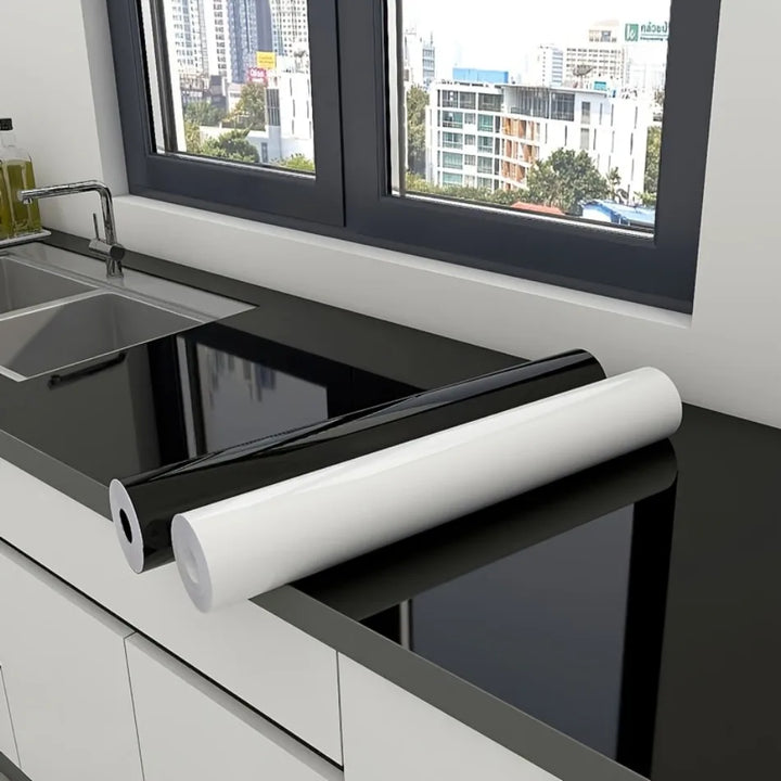 Self-Adhesive Vinyl Wallpaper High-Gloss Black Kitchen Cabinet Stove Waterproof Oil-Resistant Peel-and-Stick Stickers Bathroom