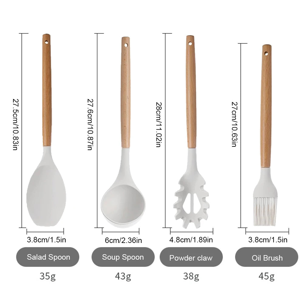 12Pcs Kitchen Utensil Set Silicone Spatula Set Wooden Handle Non-Stick Spatula Set Spatula Spoon Brush Whisk Kitchen Supplies