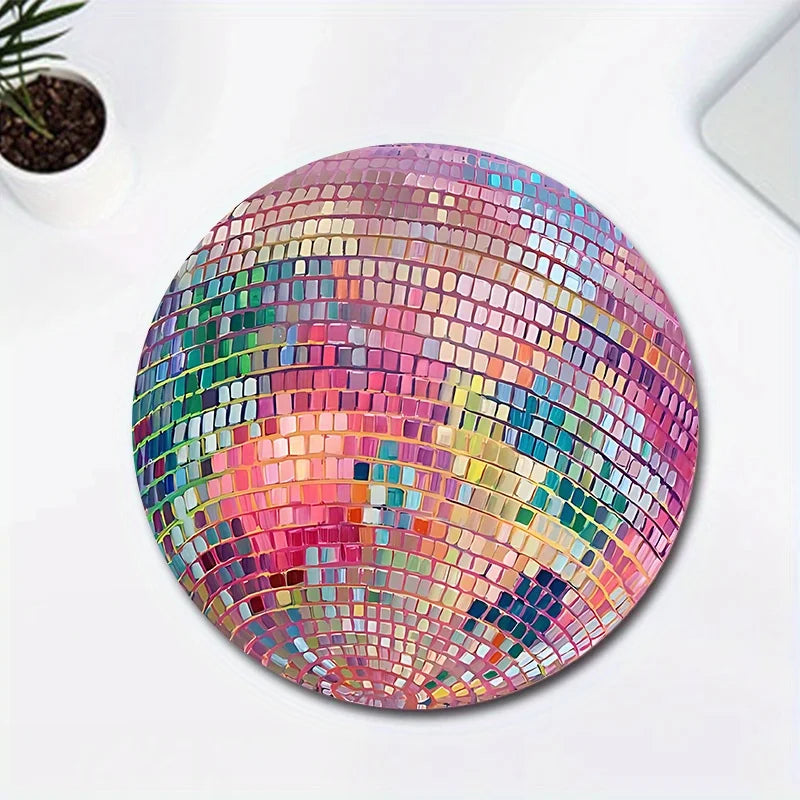 Rubber Round Pink Disco Ball Mouse Pad - Aesthetic Desk Accessory for Office, Laptop, Computer - Ideal Gift for Women, Girls