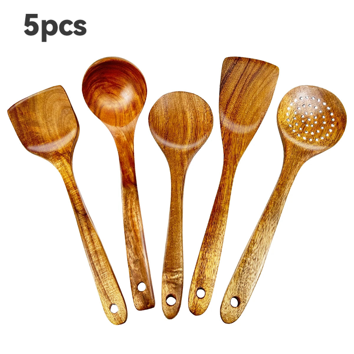 5PCS Wooden Kitchen Utensils Kit Ergonomic Handles Natural Wooden Spoons Spurtle Ladle and Wok Spatulas Cookware Accessories