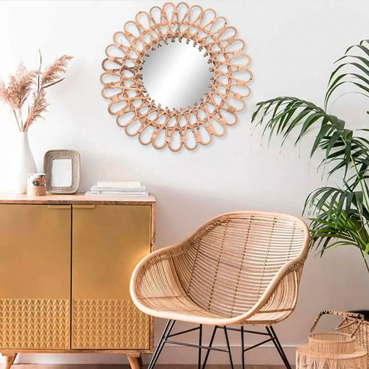 Hanging Mirror 16" Rattan Sunflower Circular Wall-Mounted Boho Nordic Style Circular for Inodoor Home Office Living Room Hallway