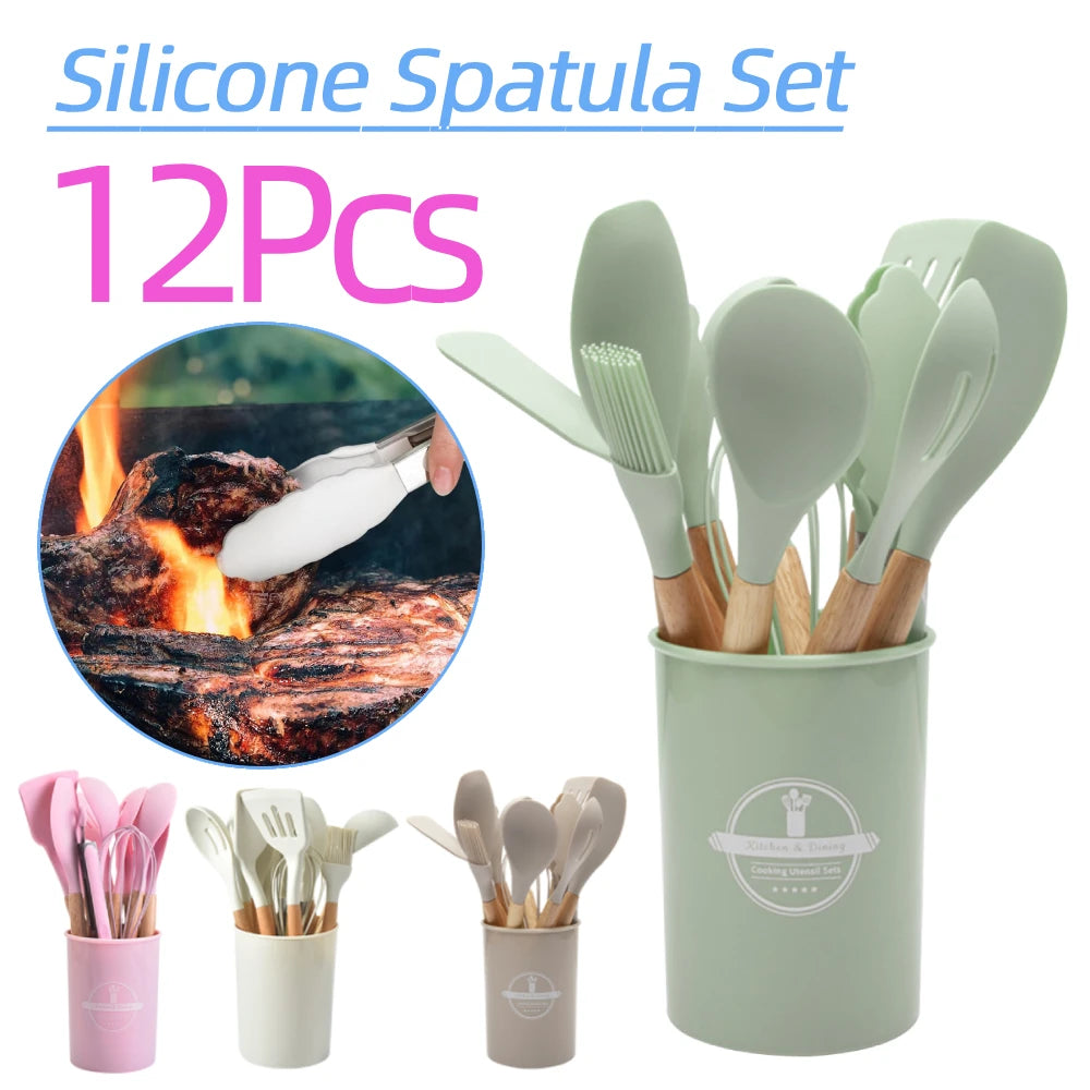 12Pcs Kitchen Utensil Set Silicone Spatula Set Wooden Handle Non-Stick Spatula Set Spatula Spoon Brush Whisk Kitchen Supplies