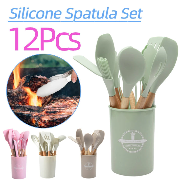 12Pcs Kitchen Utensil Set Silicone Spatula Set Wooden Handle Non-Stick Spatula Set Spatula Spoon Brush Whisk Kitchen Supplies