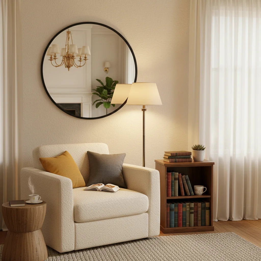 20" Black Round Wall Mirror, Elegant Modern Home Decor for Bathroom Entryway or Living Room Use