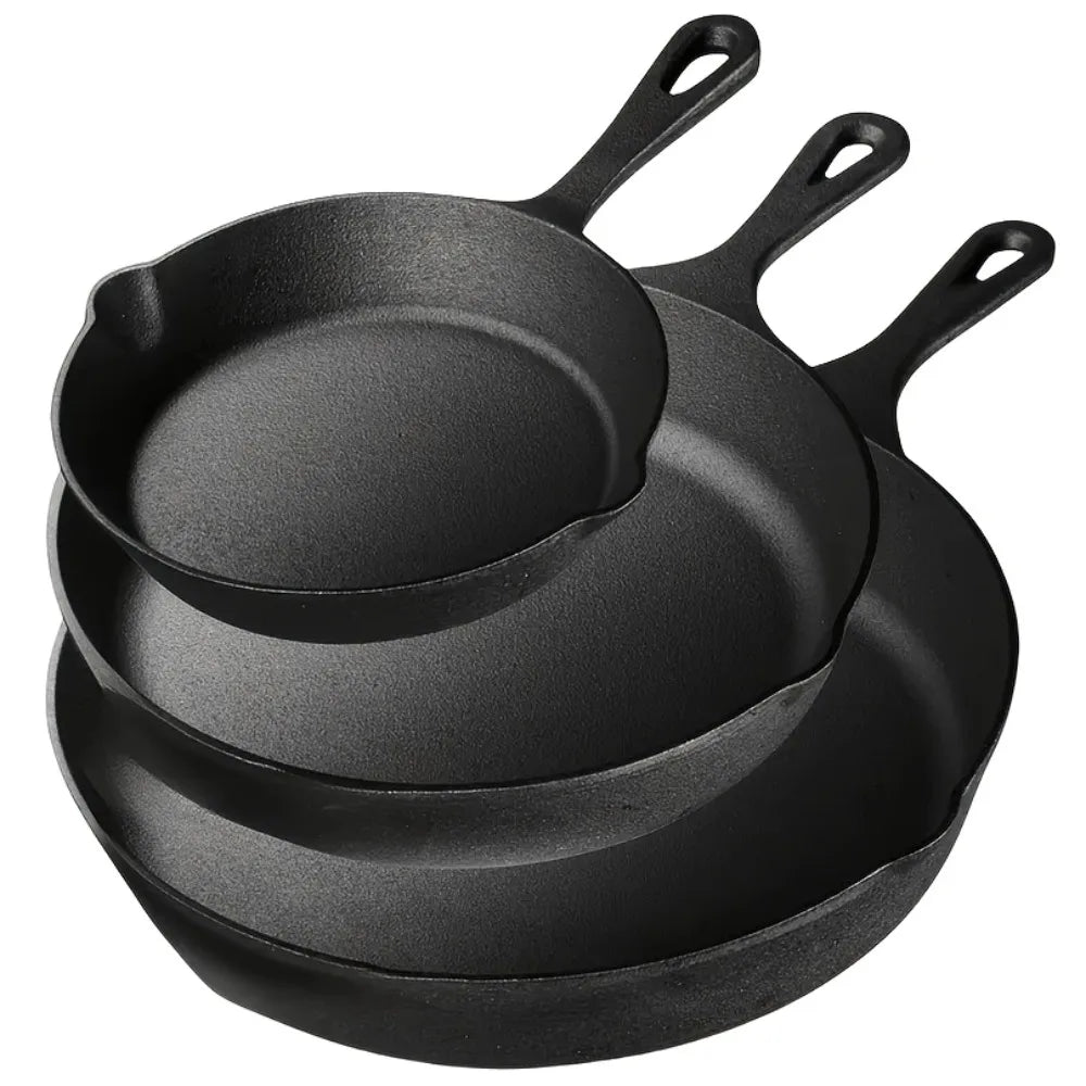 3-Piece Cast Iron Skillet Set (6/8/10 Inch) - Pre-Seasoned, Non-Stick, Heavy-Duty Pans for Oven, Grill & Campfire Cooking