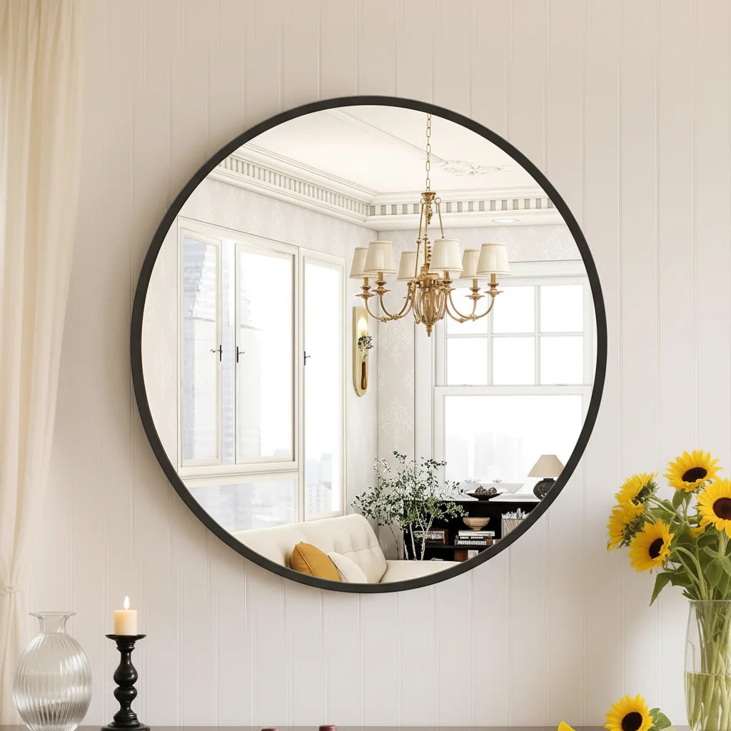 20" Black Round Wall Mirror, Elegant Modern Home Decor for Bathroom Entryway or Living Room Use
