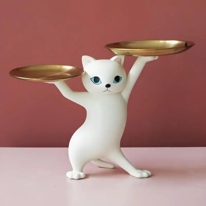 Cartoon Resin Cat Tray Statue Cat Key Holder Decorative Tray Creative Cat Statue for Living Room Entryway Desktop Organizer