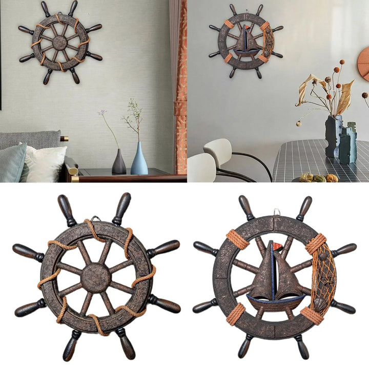 Wall Art Decor Nautical Wheel Wall Sculpture Wooden Ship Steering Wheel Boat Rudder for Club Living Room Bar Fireplace Farmhouse