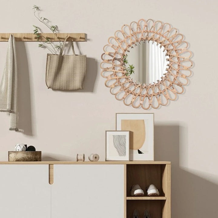 Circular wall mounted mirror, Nordic design art mirror, wicker rattan mirror, used for home bedroom decoration mirror