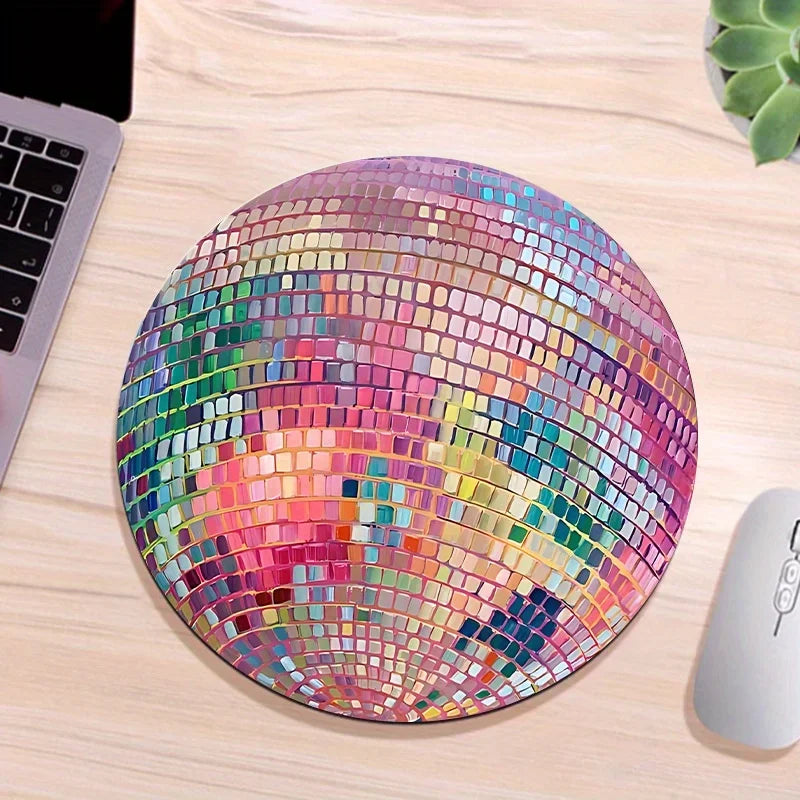 Rubber Round Pink Disco Ball Mouse Pad - Aesthetic Desk Accessory for Office, Laptop, Computer - Ideal Gift for Women, Girls