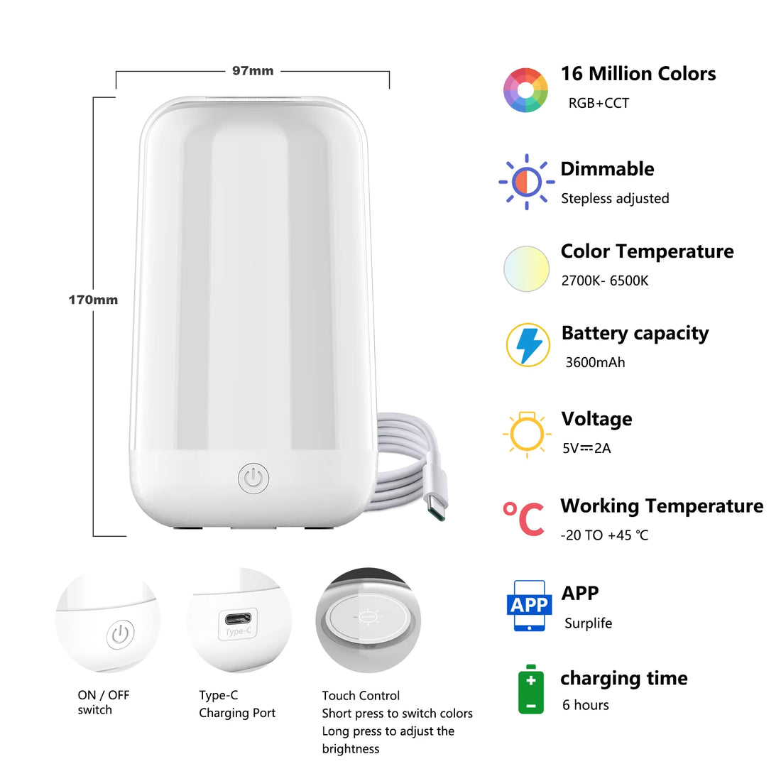 Smart Touch Bedside Table Lamp Dimmable RGB Bluetooth LED Night Light Rechargeable Kids Desk Lamp Camping Room Atmosphere Decor