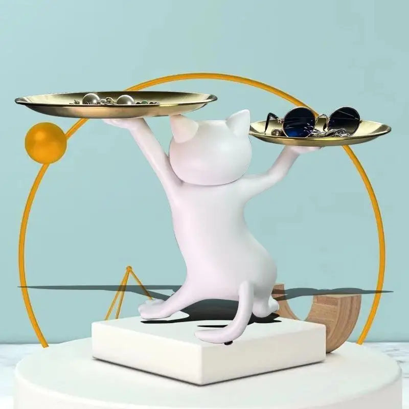 Cartoon Resin Cat Tray Statue Cat Key Holder Decorative Tray Creative Cat Statue for Living Room Entryway Desktop Organizer