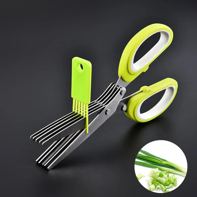 Multifunctional Herb Cutter – 5-Blade Stainless Steel Scissors + Safety Cover, Easy Clean Kitchen Tool