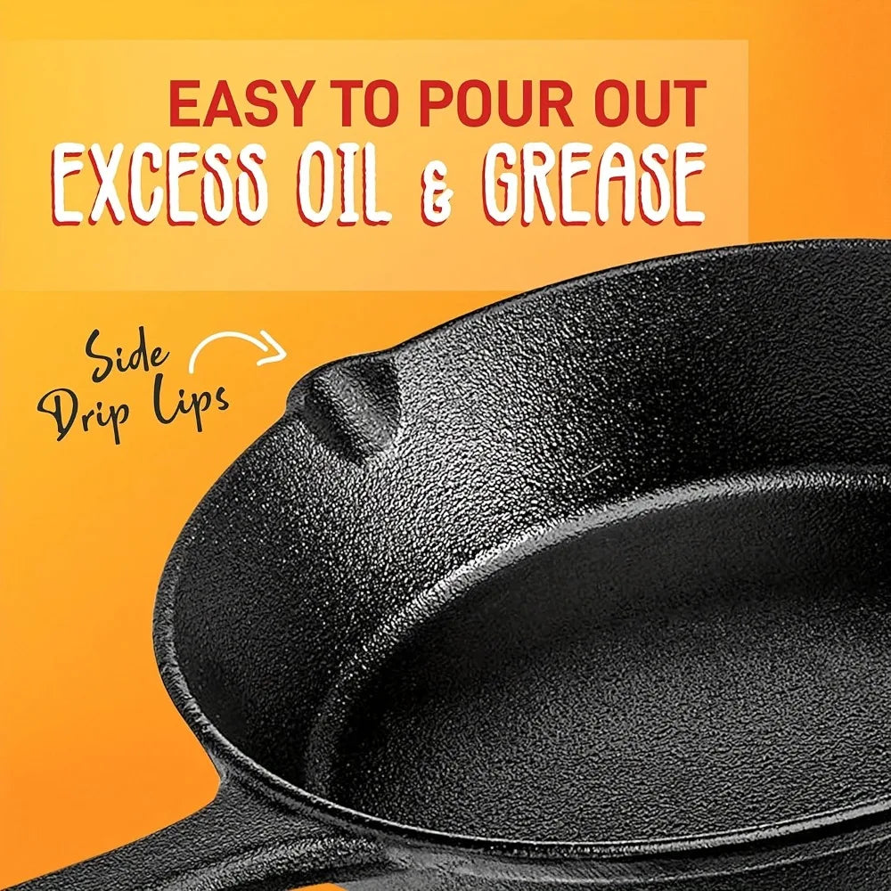 3-Piece Cast Iron Skillet Set (6/8/10 Inch) - Pre-Seasoned, Non-Stick, Heavy-Duty Pans for Oven, Grill & Campfire Cooking