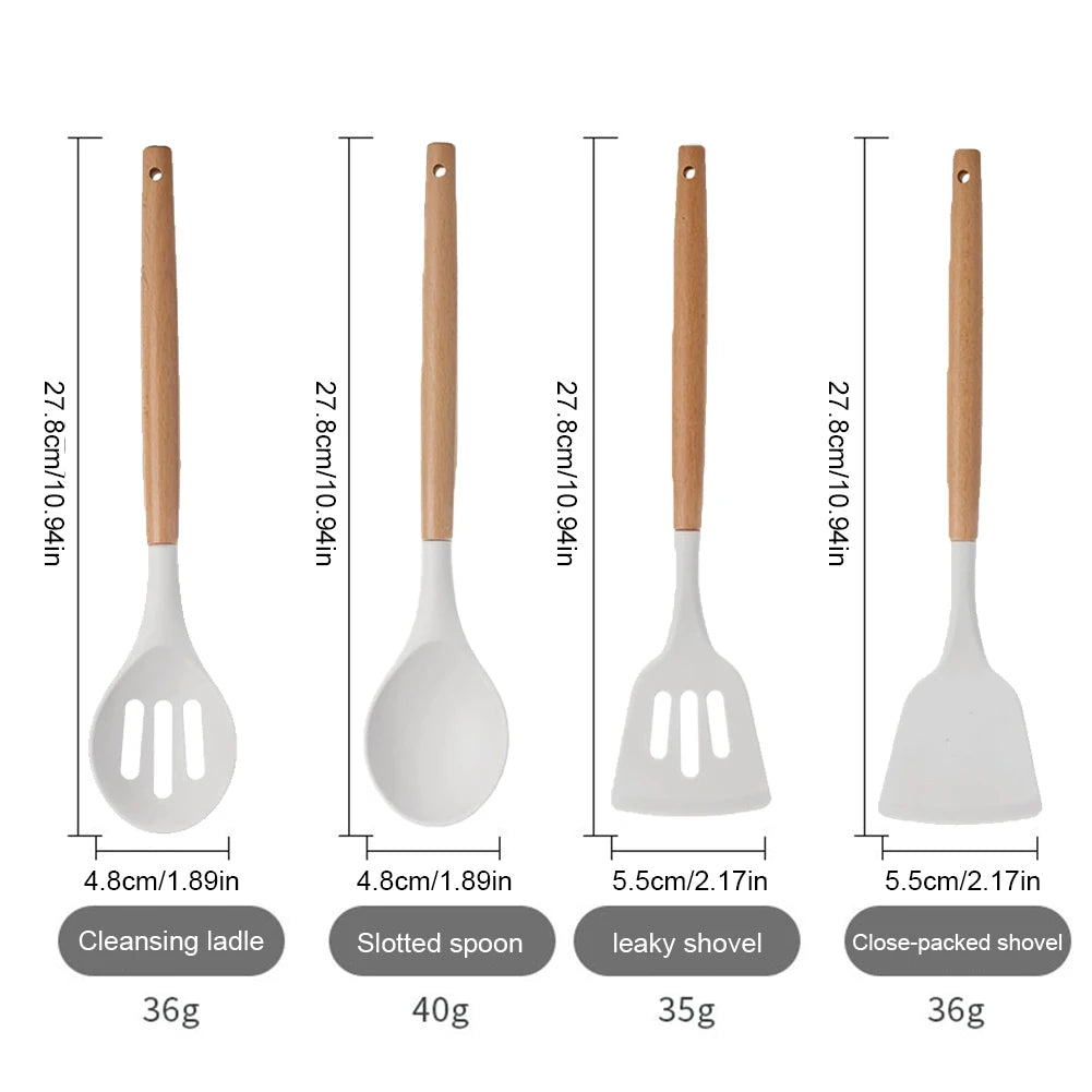 12Pcs Kitchen Utensil Set Silicone Spatula Set Wooden Handle Non-Stick Spatula Set Spatula Spoon Brush Whisk Kitchen Supplies