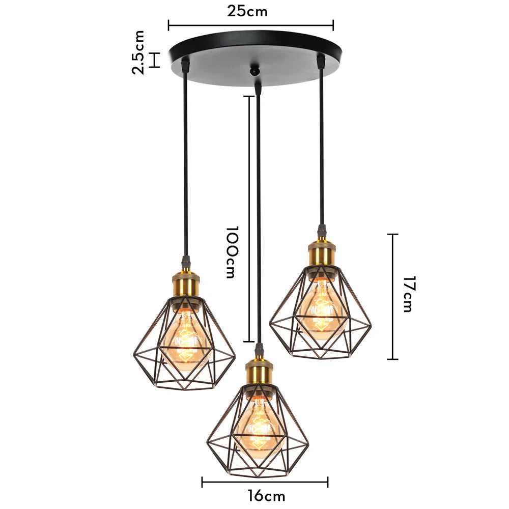 Vintage Pendant Light Fixture 1/3 heads Hanging Lamp Ceiling Chandelier Metal E27 LED Lampshade for Bedroom Living Room Kitchen