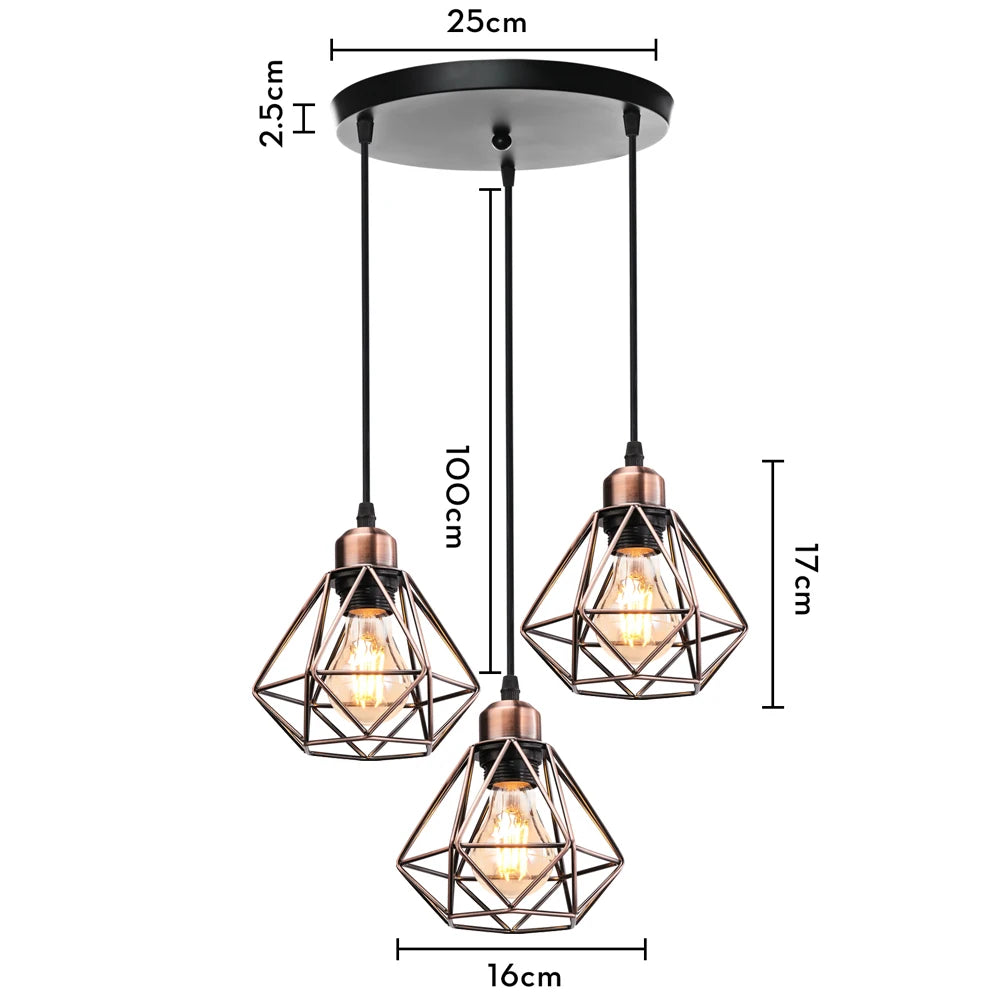 Vintage Pendant Light Fixture 1/3 heads Hanging Lamp Ceiling Chandelier Metal E27 LED Lampshade for Bedroom Living Room Kitchen