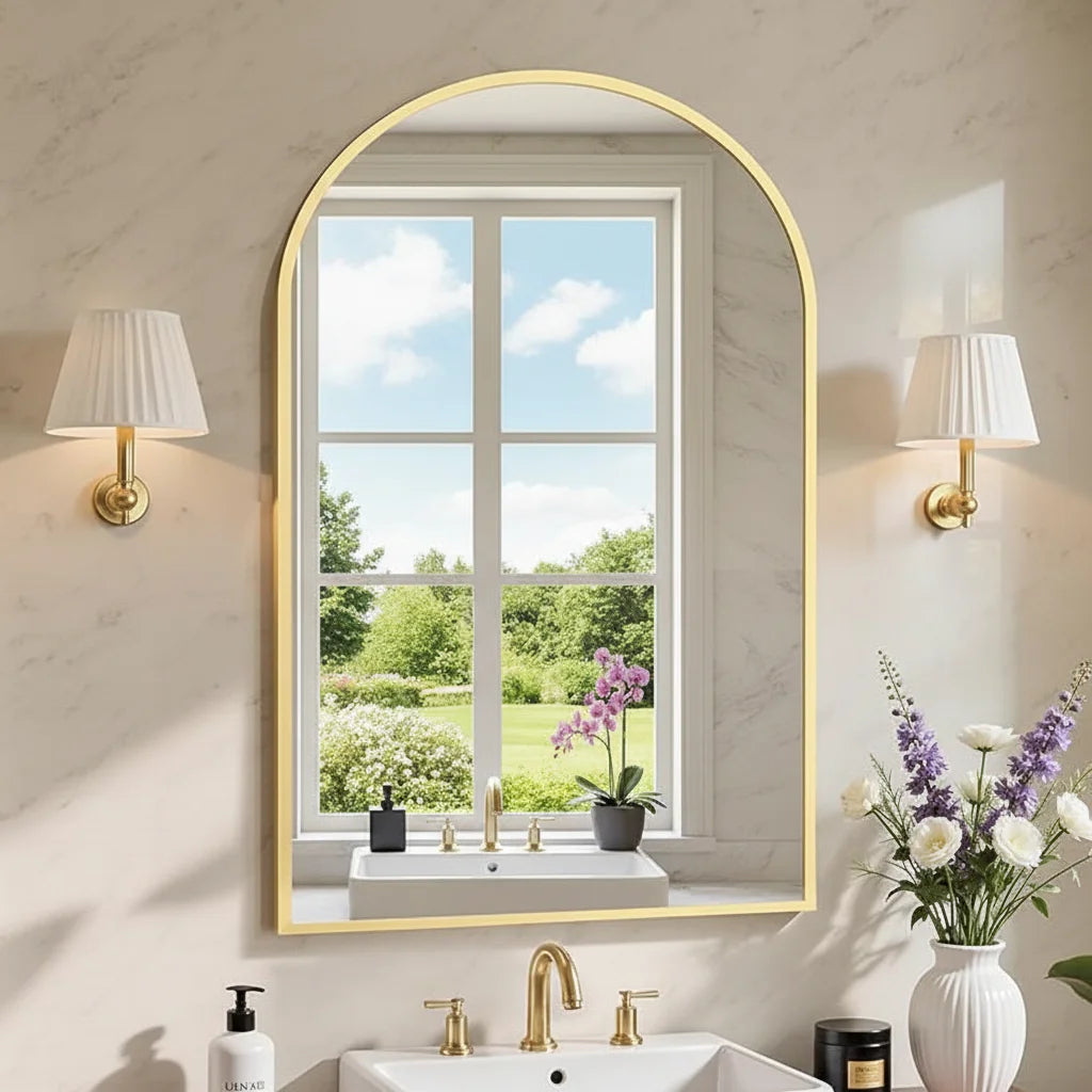 24x36 Arched Gold Bathroom Mirror, Elegant Wall Mirror for Daily Use, Functional Stylish Home Decor