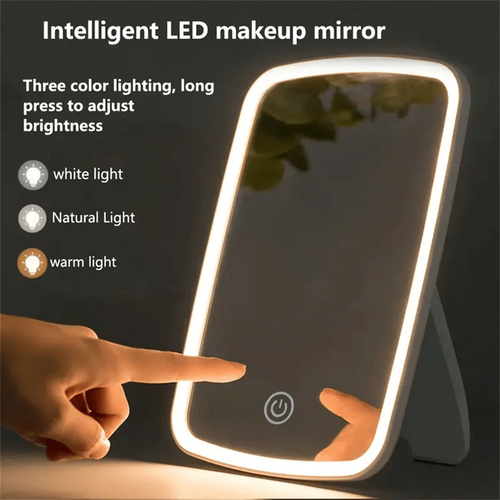 Smart LED Makeup Mirror USB Rechargeable, 3-Color Lights Touch Control, Adjustable Brightness, Portable Folding for Home & Trave
