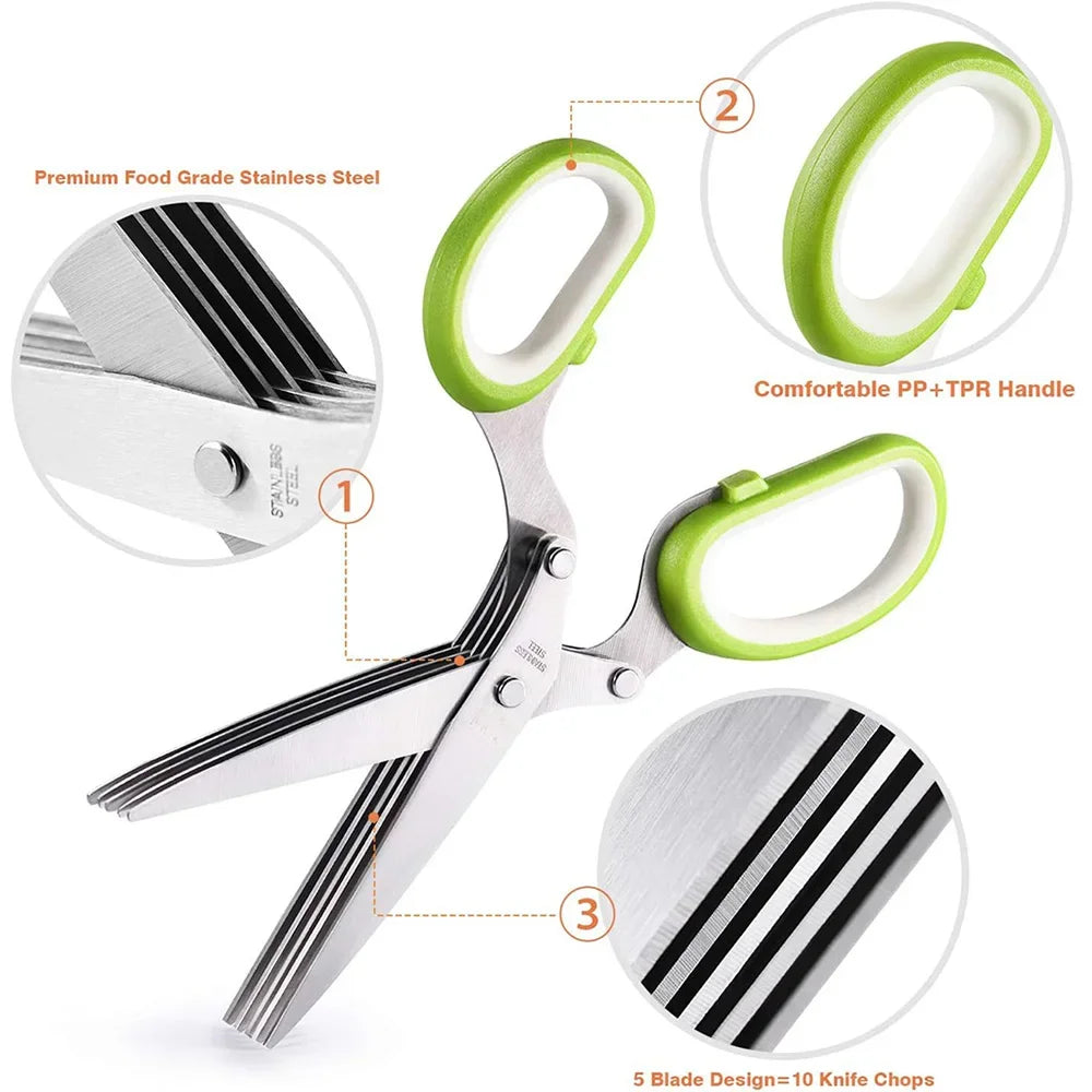 Multifunctional Herb Cutter – 5-Blade Stainless Steel Scissors + Safety Cover, Easy Clean Kitchen Tool