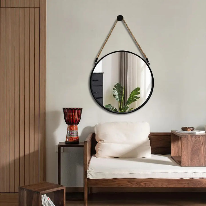 Round Hanging Mirror, 20 Rope Wall Mirrors Decorative, Black Metal Frame Circle Mirrors, Farmhouse Wall Mounted Mirrors for Bath