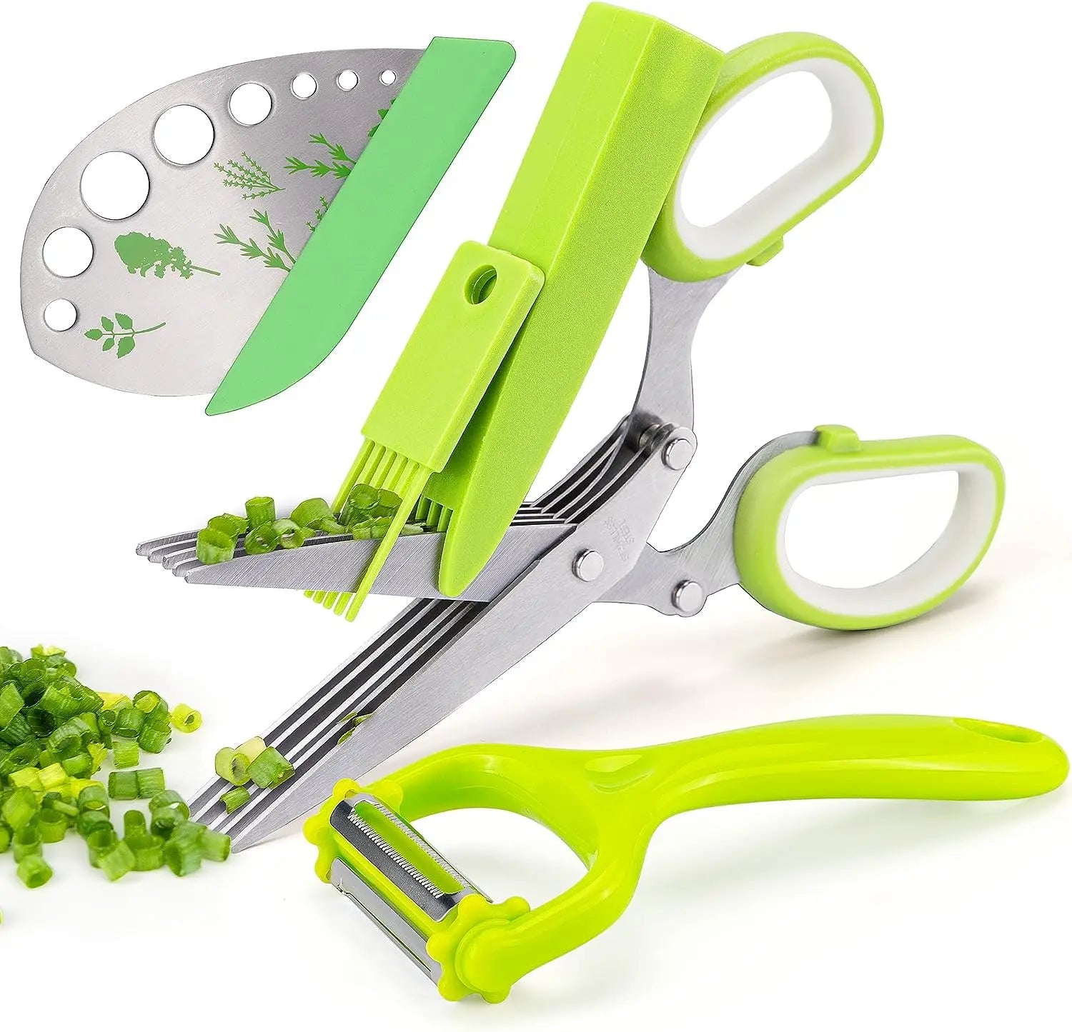 Multifunctional Herb Cutter – 5-Blade Stainless Steel Scissors + Safety Cover, Easy Clean Kitchen Tool