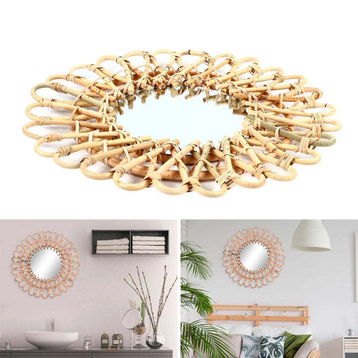 Hanging Mirror 16" Rattan Sunflower Circular Wall-Mounted Boho Nordic Style Circular for Inodoor Home Office Living Room Hallway