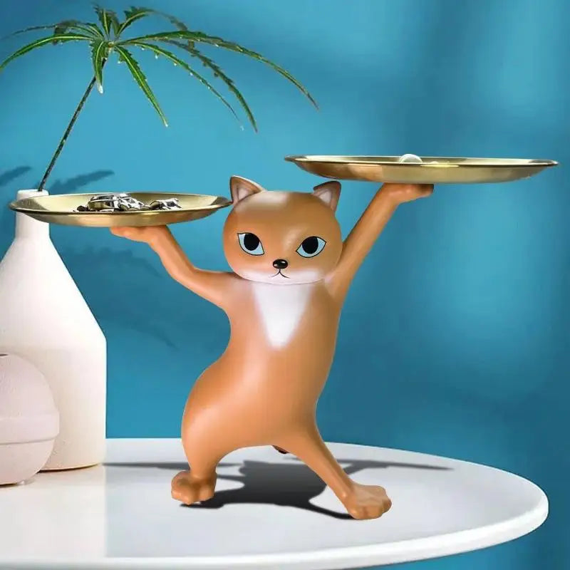 Cartoon Resin Cat Tray Statue Cat Key Holder Decorative Tray Creative Cat Statue for Living Room Entryway Desktop Organizer