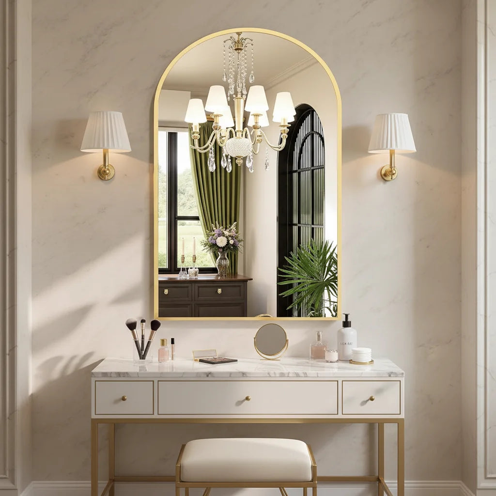24x36 Arched Gold Bathroom Mirror, Elegant Wall Mirror for Daily Use, Functional Stylish Home Decor