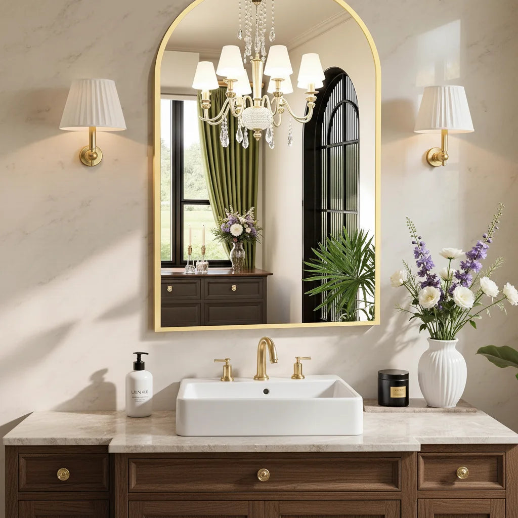 24x36 Arched Gold Bathroom Mirror, Elegant Wall Mirror for Daily Use, Functional Stylish Home Decor
