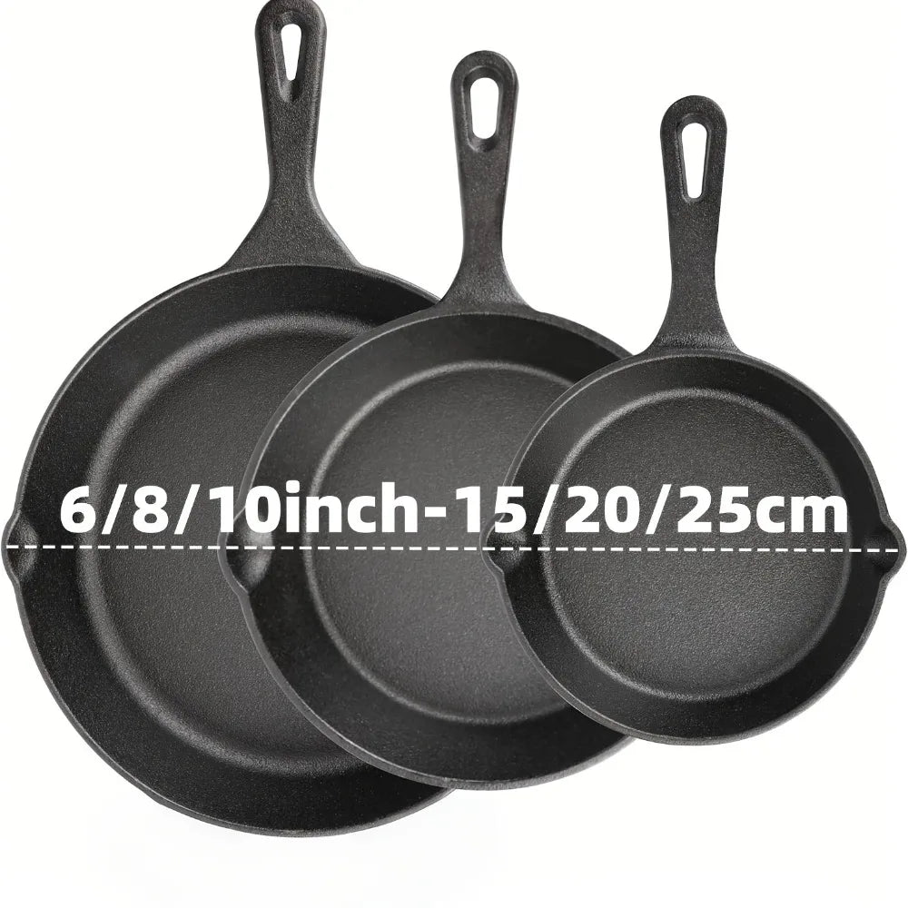 3-Piece Cast Iron Skillet Set (6/8/10 Inch) - Pre-Seasoned, Non-Stick, Heavy-Duty Pans for Oven, Grill & Campfire Cooking