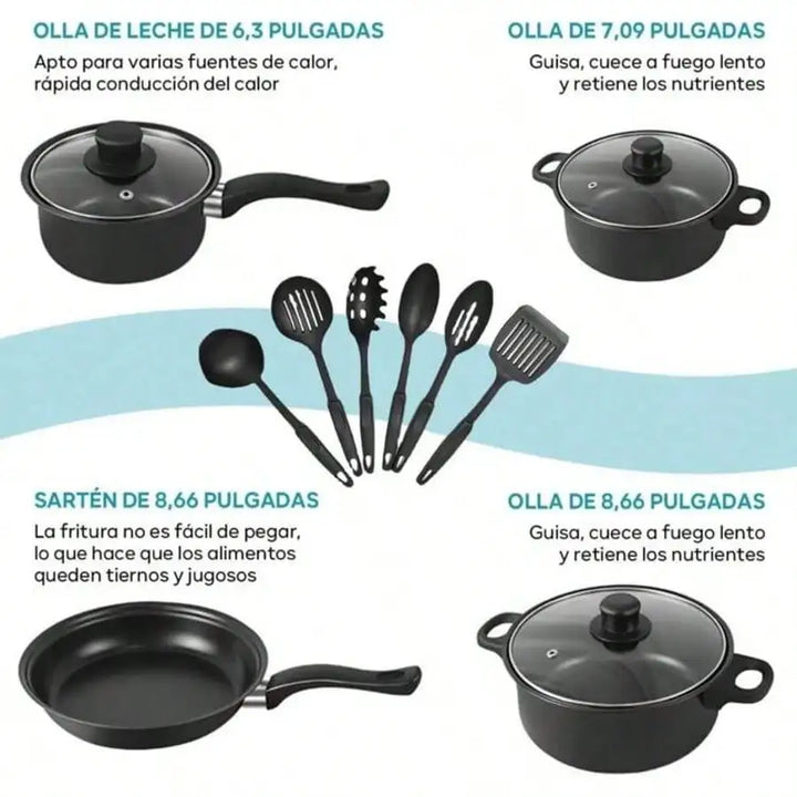 13Pc Nonstick Cookware Set, Induction Pots and Pans with Cooking Utensils, Black Kitchen Set for Home Camping, Thanksgiving Gift