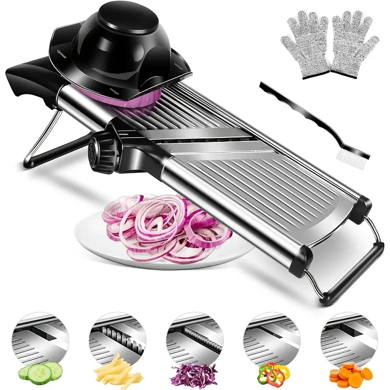 Stainless Steel Mandoline Slicer with 5 Blades & Holder - Safe Hand Guard Food Chopper for Vegetable Fruit, Easy Clean